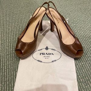Prada brown peep toe pump /sling back heel shoes.